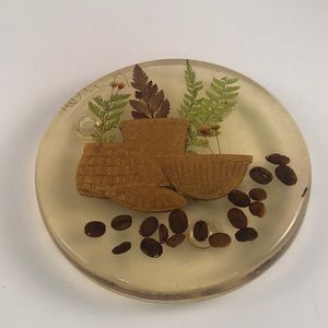 Vintage Trivet Acrylic Footed by Design Gifts with Baskets and Dried Florals.